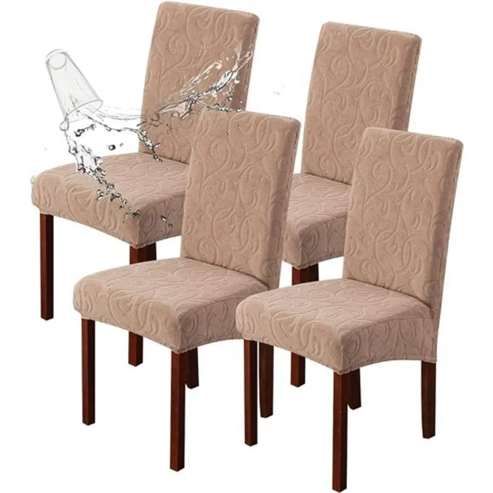 Waterproof Dining Room Chair Covers 4 Pack, Flower Pattern-Khaki